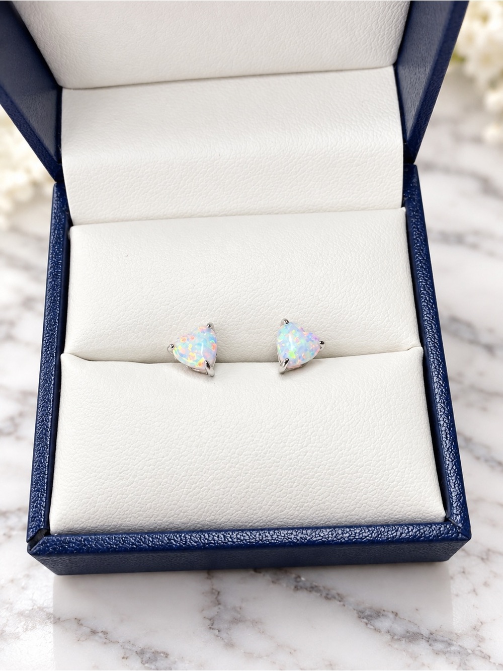 NWT 6mm White Opal Heart Stud Earrings 1.60 CTTW 925 Sterling Silver